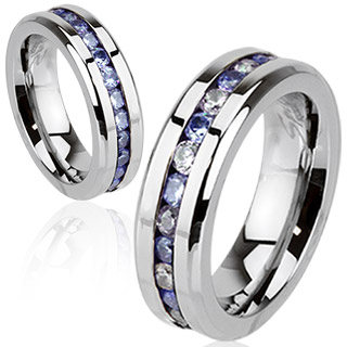 Bague femme acier pavée de pierres claires et tanzanite